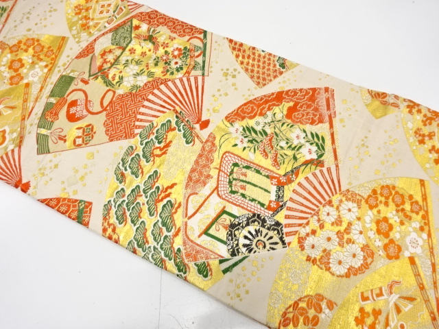 JAPANESE KIMONO / ANTIQUE MARU OBI / WOVEN FOLDING FAN & CARRIAGE & BUCKET & FLOWERS & TREASURES